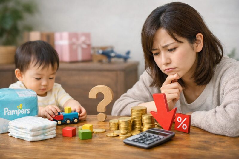 パンパースのポイント改悪で何が変わったのか悩む日本人ママと赤ちゃんのイメージ